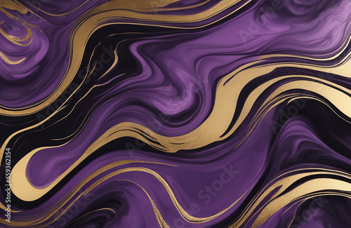 Beautiful Purple and Black Paint Swirls with Gold Powder. Abstract Marbling Wallpaper