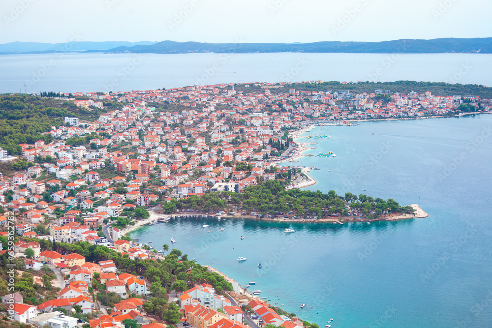 Fototapeta premium Aerial view of Adriatic Sea and Ciovo island in Croatia