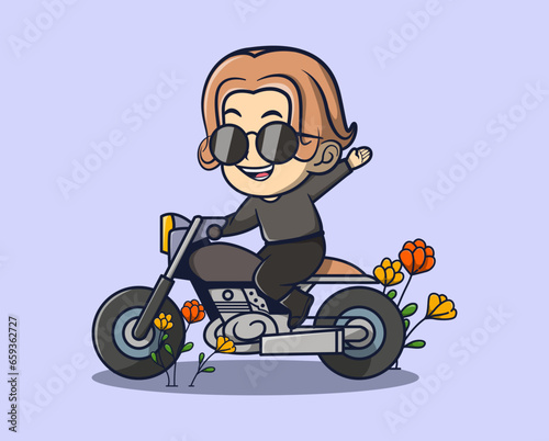 vector illustration of man in sunglasses riding a big motorbike, plants around him. lifestyle icon concept