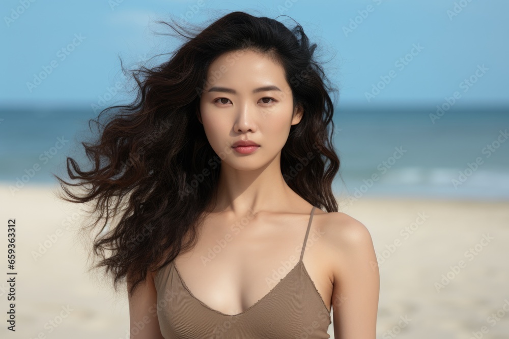 A woman wearing a bikini top enjoying the beach. Perfect for travel brochures or summer-themed designs. A woman wearing a bikini top enjoying the beach. Perfect for travel brochures or summer-themed designs.