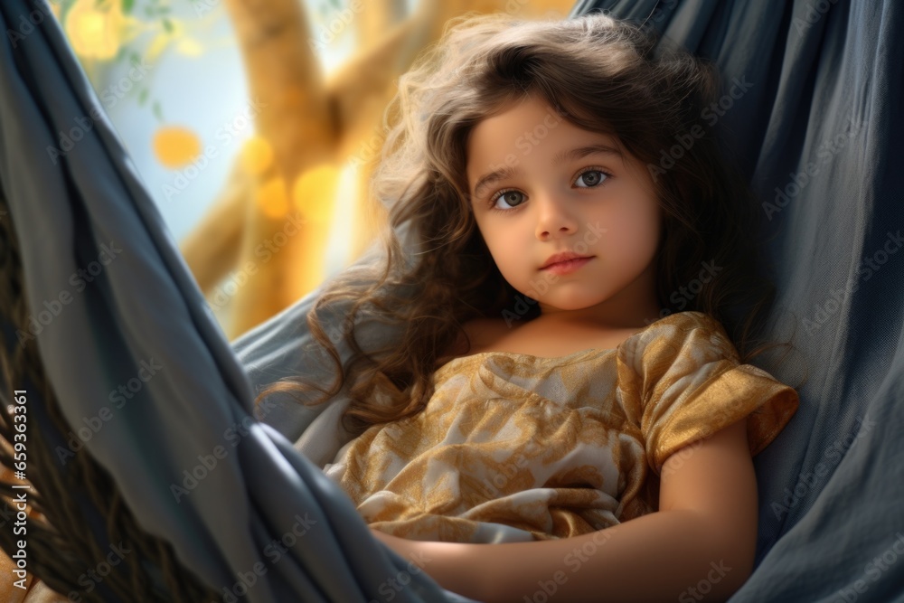 A young girl is comfortably seated in a hammock, enjoying a peaceful moment. This image can be used to depict relaxation, leisure, or a carefree lifestyle. A young girl is comfortably seated in a hammock, enjoying a peaceful moment. This image can be used to depict relaxation, leisure, or a carefree lifestyle.