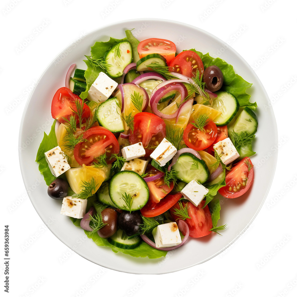 Greek Salad on a White Plate on Transparent Background.