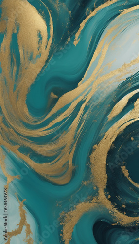 Beautiful Teal and Blue Paint Swirls with Gold Powder. Contemporary Art Wallpaper