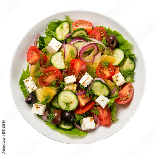 Greek Salad on a White Plate on Transparent Background.