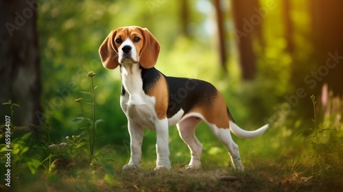 Show a beagle dog on a natural green background.