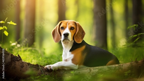 Show a beagle dog on a natural green background.