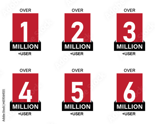 1, 2, 3, 4, 5 and 6 million users sticker stamp set in red. Over 1 million users labels. Vector Designs