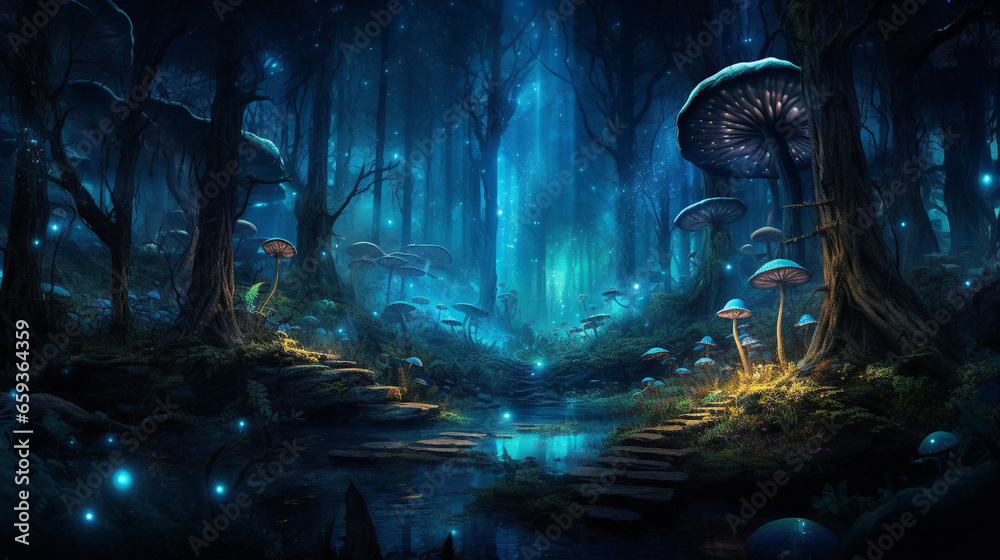 glowing mushrooms in the forest Generative AI