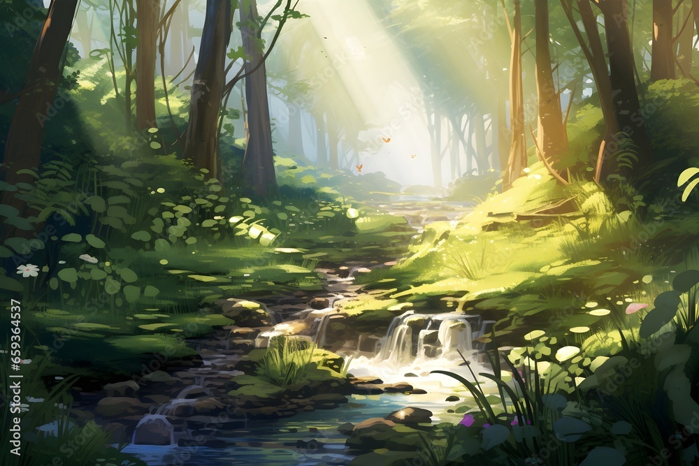 Stream running through a forest, dappled light through the trees, disney style, nostalgic feel, illustration