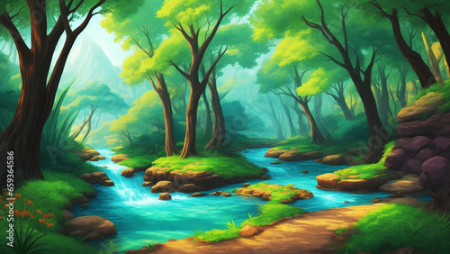 village cartoon background of green meadows and trees and mountains.ai generate