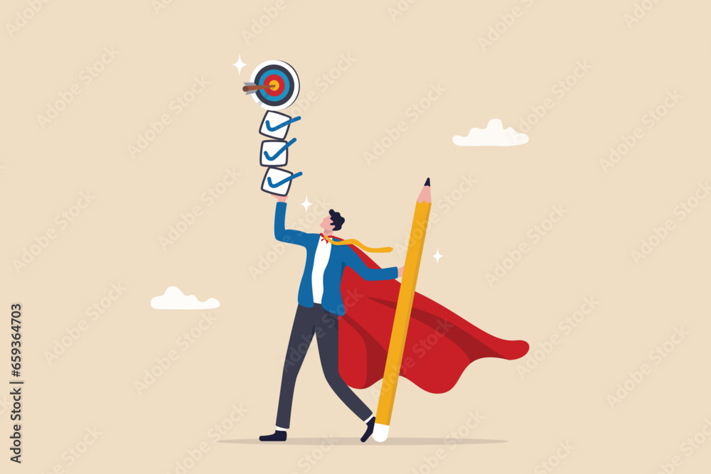 Finish work and achieve goal, responsibility, effort, productivity or efficiency to complete project, challenge to success concept, businessman superhero finish task checklist to achieve work target. - obrazy, fototapety, plakaty 