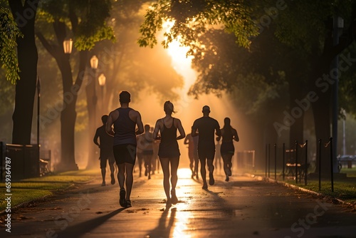 people jogging in the park, morning sun rise © Mockup Lab