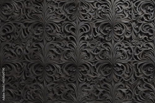 Black 3D Rococo Pattern Background. Intricate Dark Decorative Wallpaper