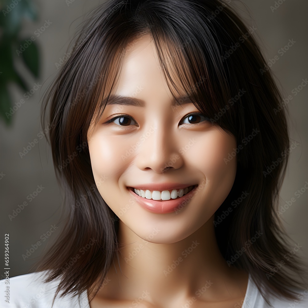 An Asian young female woman with short shoulder length black healthy hair, beautiful skin, glow, smiling, minimalistic background, hair campaign concept, simple light makeup An Asian young female woman with short shoulder length black healthy hair, beautiful skin, glow, smiling, minimalistic background, hair campaign concept, simple light makeup