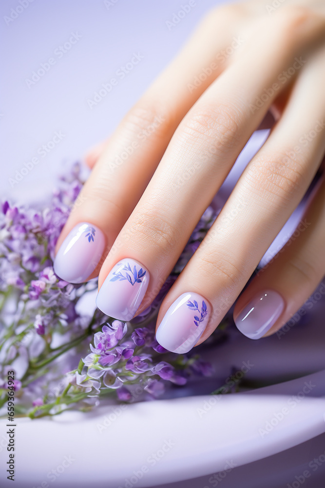 Women's hand with delicate lavender violet manicure