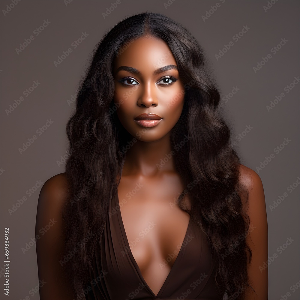 A black young female woman with long black healthy hair, wavy and curly, beautiful skin, glow, solid background, hair campaign concept, simple light makeup