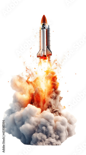 Rocket Soaring During Takeoff Isolated on Transparent or White Background, PNG