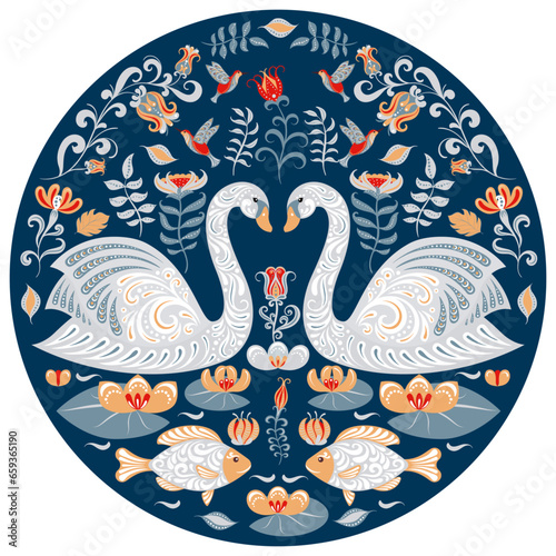 Swans, fish, hummingbirds, flowers and leaves. Circular decorative ornament. Folk art.