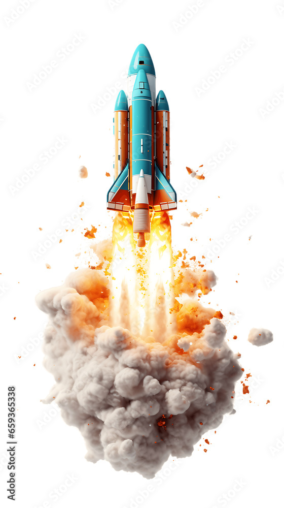 Fototapeta premium Rocket Soaring During Takeoff Isolated on Transparent or White Background, PNG