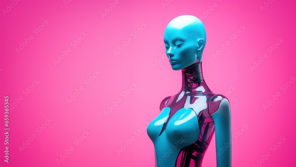 Naked female upper body mannequin sculpture made from shiny translucent turquoise color acrylic, futuristic fashion window dressing doll, minimal magenta studio background. Naked female upper body mannequin sculpture made from shiny translucent turquoise color acrylic, futuristic fashion window dressing doll, minimal magenta studio background.
