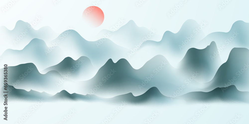 Modern design vector illustration of beautiful Chinese ink landscape painting.