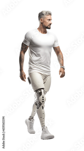 Man Running with Prosthetic Leg Isolated on Transparent or White Background, PNG © The