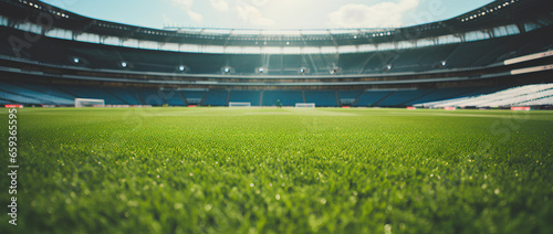 soccer stadium with green grass, illumination lights and dra