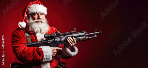 New Year's surprise! Cool, groovy Santa Claus, on guard of peace and Christmas with a machine gun. Red background. A joke in the spirit of the time. wow x-mas. copy space