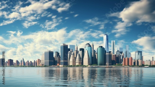 Manhattan skyscrapers set against a gloomy blue sky near rippling bay water.