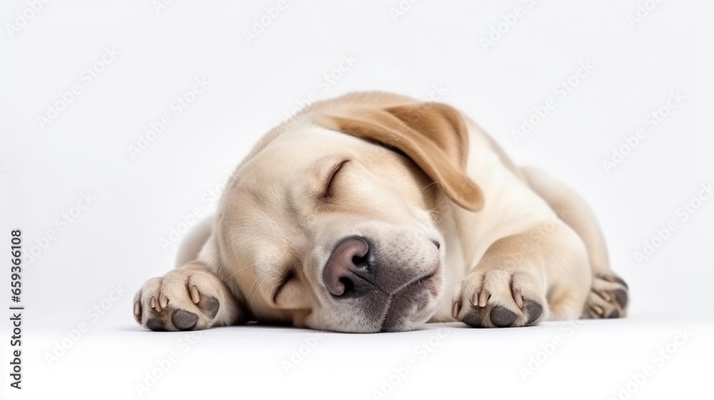 Isolated on white, a sleeping dog in a unique stance. White Labrador sleeping with paw over nose. Pets in amusing circumstances.