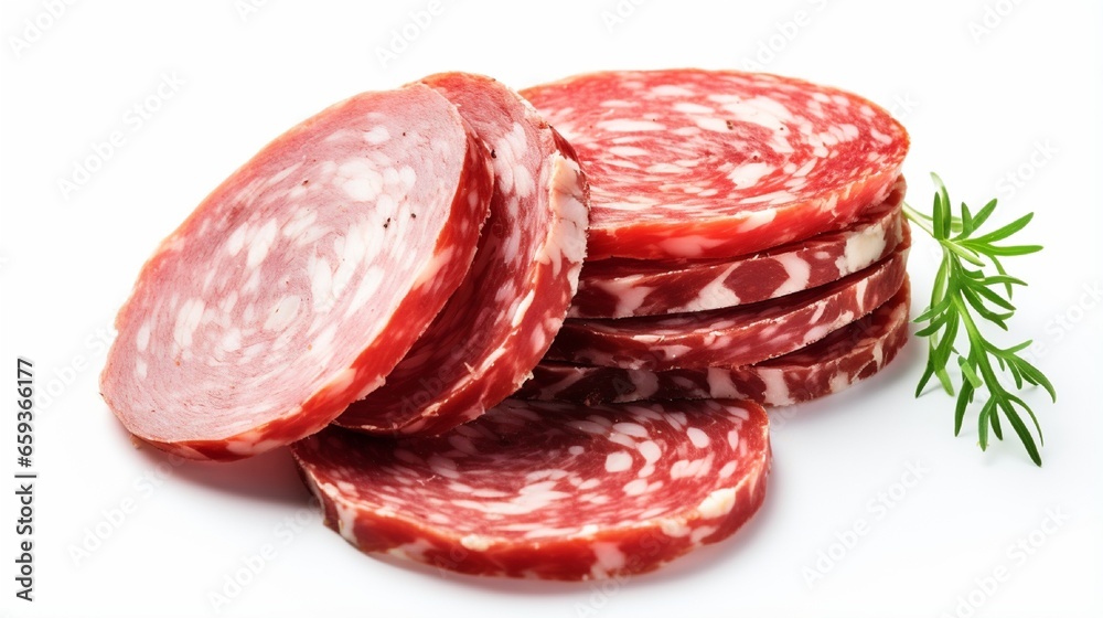 salami slices on a white backdrop. salami slices on a white backdrop.