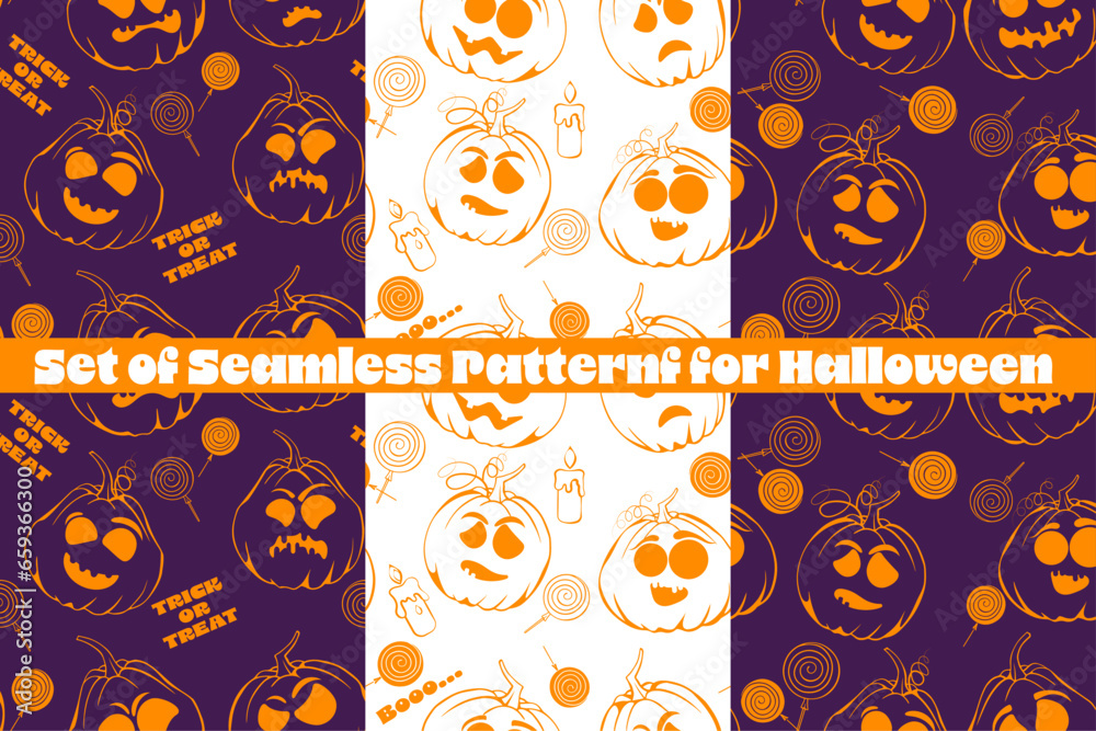 Fototapeta premium vector seamless pattern with hand drawn halloween elements and pumpkins. set of seamless patterns