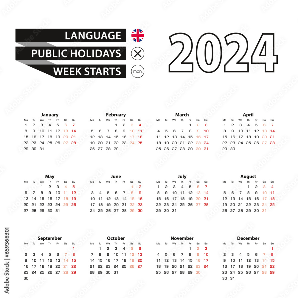 Calendar 2024 in English language, week starts on Monday.