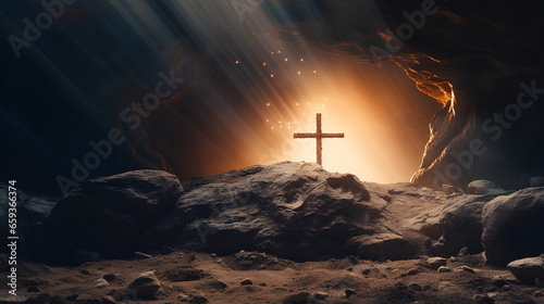 Canvas Print Resurrection Of Jesus Christ Concept - Empty Tomb With Three Crosses On Hill At