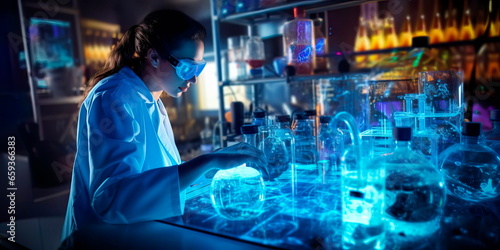 biotech researcher working with advanced laboratory equipment, conducting experiments.