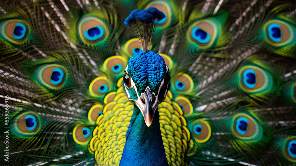 Obraz premium front view Portrait of beautiful peacock with feathers out