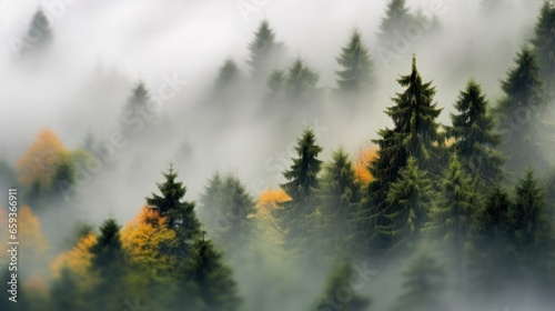 forêt de sapin dans le brouillard en automne