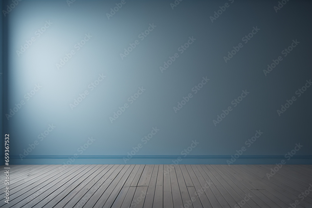 Blue empty wall and wooden floor with interesting light glare. Interior background for the presentation Blue empty wall and wooden floor with interesting light glare. Interior background for the presentation