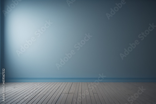 Blue empty wall and wooden floor with interesting light glare. Interior background for the presentation