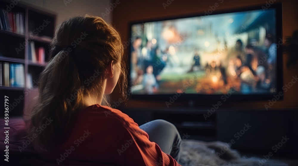 Woman Watching TV series and movies via streaming service - obrazy, fototapety, plakaty 