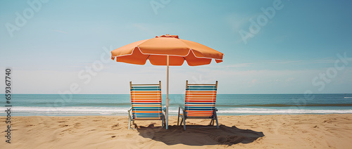 two chairs and an umbrella sitting under shade by the beach in the summer
