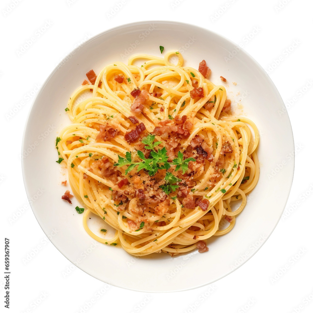 Spaghetti Carbonara with Bacon Bits on Transparent Background.
