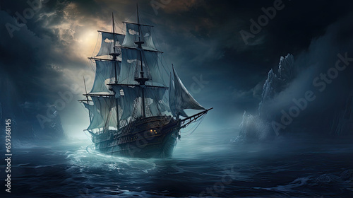 Ghost Ship Sailing through Mist