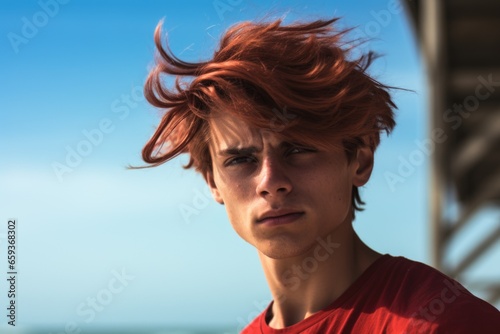 A young man with vibrant red hair wearing a red shirt. This image can be used to depict a confident and stylish young man