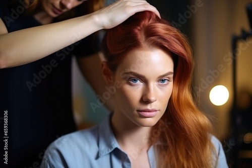 A woman sitting in a salon chair getting her hair styled by a professional hair stylist. This image can be used to showcase hair styling services or to depict a pampering experience at a salon