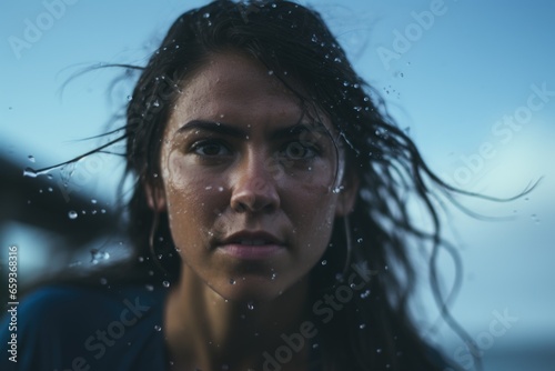 A woman with wet hair standing in front of a body of water. This image can be used to depict relaxation, serenity, or the beauty of nature