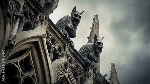 Gargoyles Perched on a Gothic Cathedral