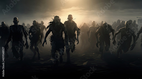 Zombie Horde Marching through Fog
