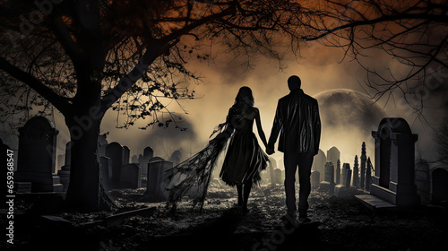 Ghostly Couple Strolling in a Cemetery