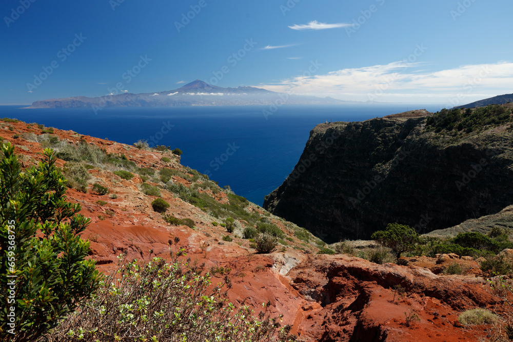 La Gomera, Spain. View of Teide volcano from the plateau above the Gomeran village of Agulo. 